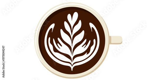 Top view of coffee cup with intricate rosetta latte art in a white ceramic mug isolated on transparent background