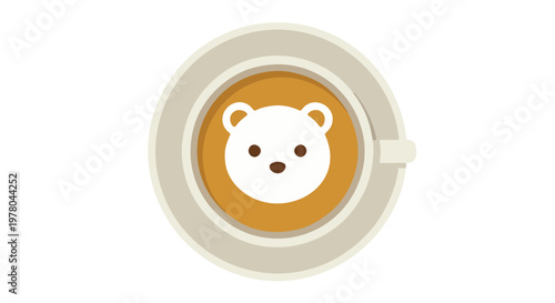 Top view of coffee cup with cute white bear latte art in a ceramic mug isolated on transparent background