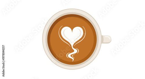 Top view of coffee cup with swirling heart latte art in a white ceramic mug isolated on transparent background