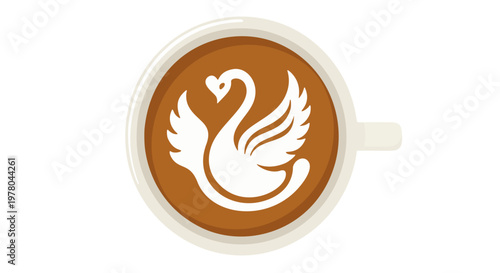Top view of white coffee cup with elegant swan latte art design isolated on transparent background