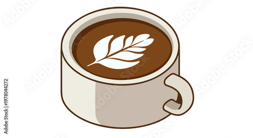 Coffee mug with rosetta leaf latte art in white ceramic cup isolated on transparent background