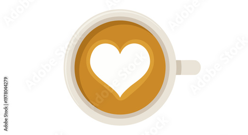 Top view of coffee cup with heart latte art in a white ceramic mug isolated on transparent background