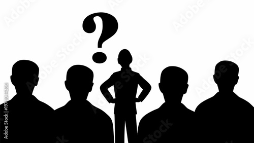 Silhouette of a person asking a question to a group of people in a meeting or discussion setting with a large