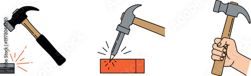 Hammer tool illustration set with construction and repair actions, hand holding hammer and impact concept in vector style