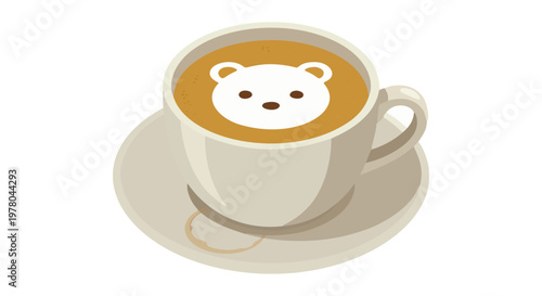 Coffee cup with cute bear latte art in a ceramic mug and saucer isolated on transparent background