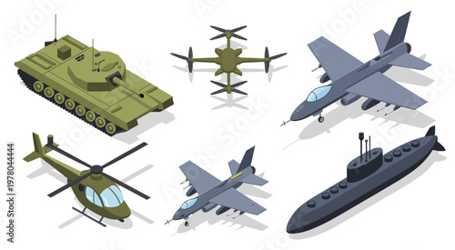 Isometric military vehicles collection set isolated, featuring tank, fighter jet, submarine, drone, and helicopter, detailed vector illustration in clean isometric style, suitable for defense themes, 