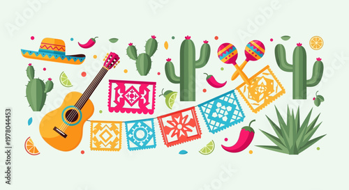 Cinco de Mayo Festive Elements with Guitar Sombrero Maracas and Papel Picado