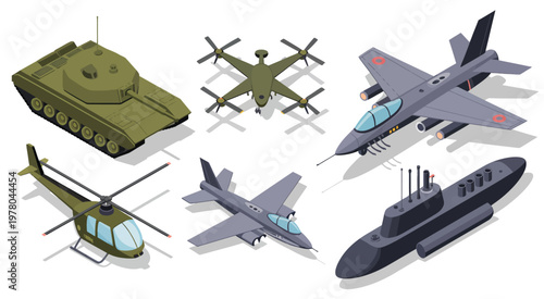 Isometric military vehicles collection set isolated, including armored tank, combat fighter jet, naval submarine, surveillance drone, and tactical helicopter, high detail isometric illustration ideal 