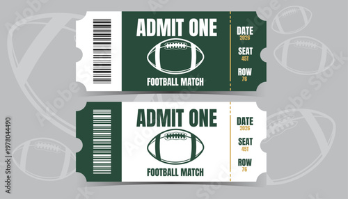 American football tickets, green and white stadium admission tickets, sport event passes, football match tickets