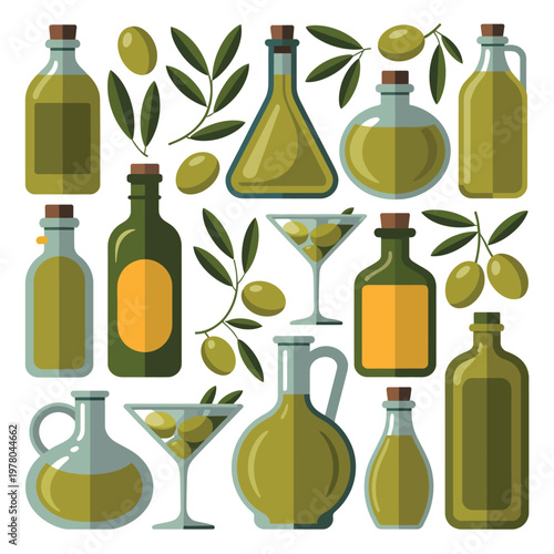 Olive oil bottles and martini glasses are arranged with fresh green olives on a simple background.