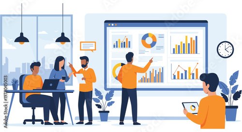 Business team presenting data on whiteboard in modern office with flat design for corporate branding