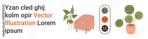 Interior design, home decor, satisfaction surveys, feedback, mood tracking, lifestyle . Indoor plant, sofa and happy face response icons. Interior design and satisfaction survey concept