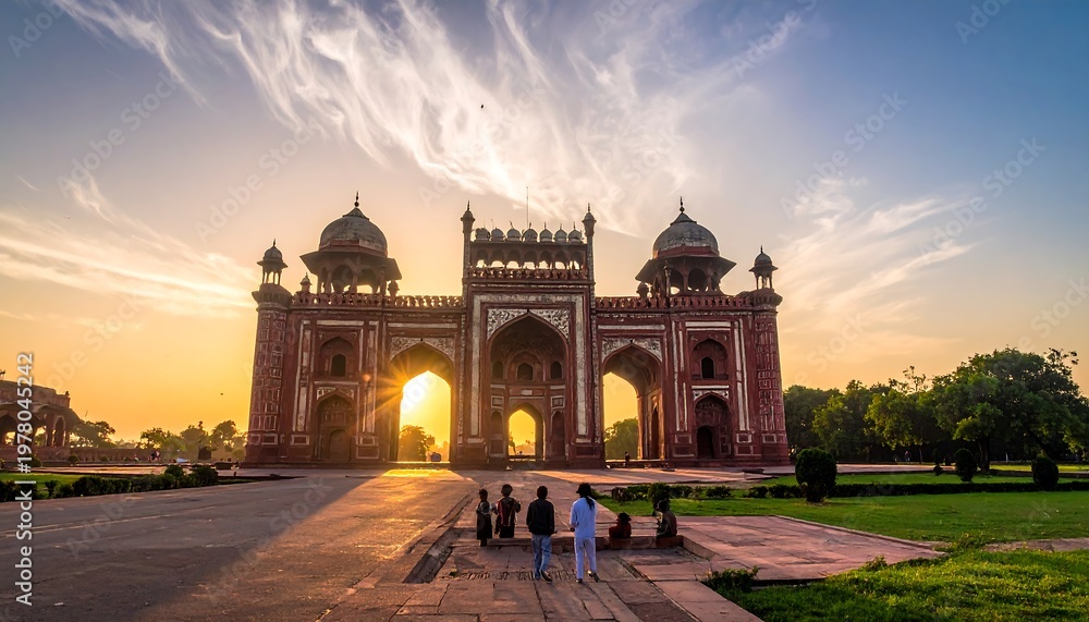 Fototapeta premium Ornate, historic archway silhouetted at sunrise. People are visible