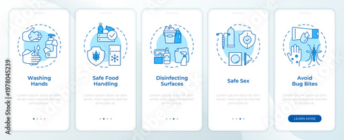 Clinical prevention tactics blue onboarding mobile app screen. Walkthrough 5 steps editable graphic instructions with linear concepts. UI, UX, GUI. Montserrat SemiBold, Regular fonts used