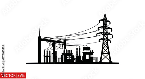 Electric power substation with transformers and transmission tower, industrial silhouette