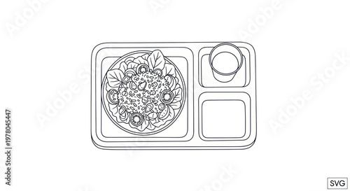 School Lunch Tray with Salad and Drink, Outline Drawing