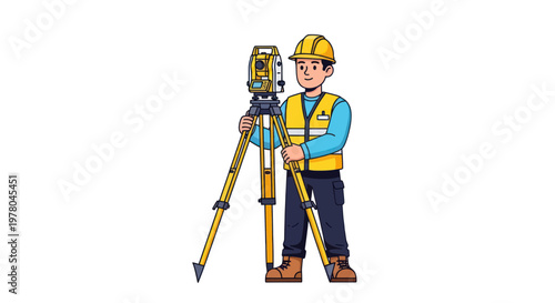 Surveyor with Theodolite Instrument on Tripod, Construction Worker
