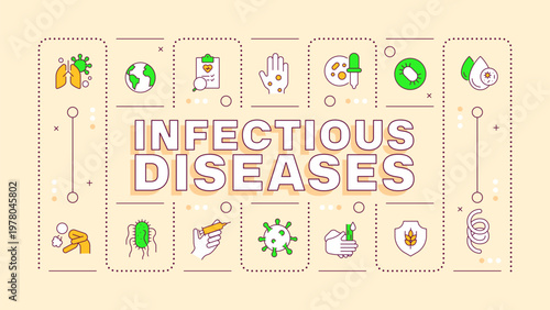 Infectious diseases pastel yellow word concept. Personal hygiene, medical treatment. Typography banner. Vector illustration with title text, editable icons color. Hubot Sans font used