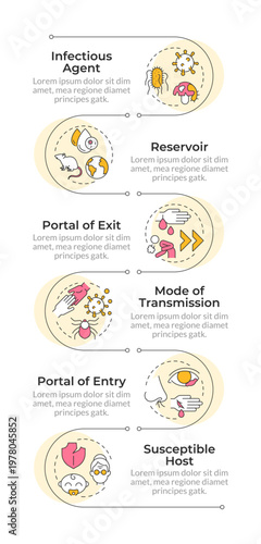 Infection transmission chain infographic vertical sequence. Microbiology research. Visualization infochart with 6 steps. Circles workflow. Montserrat SemiBold, Lato Regular fonts used