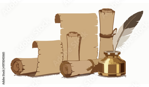 Vintage scroll with quill and inkwell vector illustration