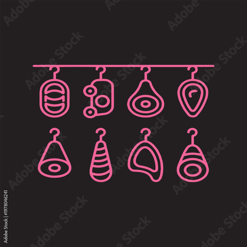 Pink line art of eight meat cuts hanging on a bar, icons on black background, simple outline, minimalist design.