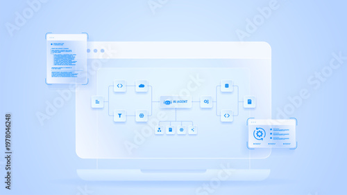 AI workflow automation artificial intelligence. ai agent workflow diagram dashboard machine learning showing node input, processing flow panel, coding panel and process flow.