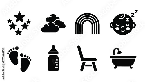 A collection of black and white icons depicting baby related items including sleep bath and feeding necessities high quality professional detailed