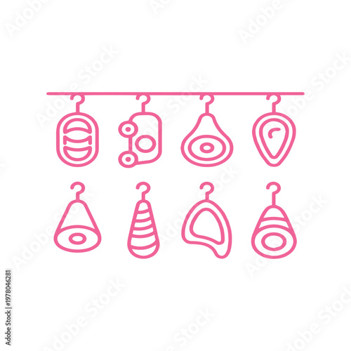 Eight simple meat cuts in pink line art, icons hanging on a bar, clean outline on white background, minimalist.