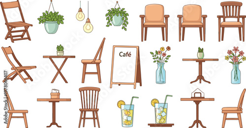 Cafe Furniture and Decor Illustration Set with Chairs, Tables, Hanging Plants, Lights, Drinks, and Interior Elements for Coffee Shop Design Collection