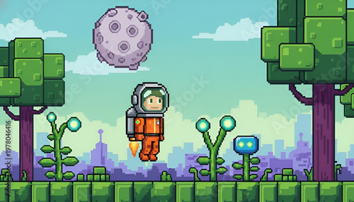 Astronaut Character Pixel Art in Alien Planet Platformer Game Scene