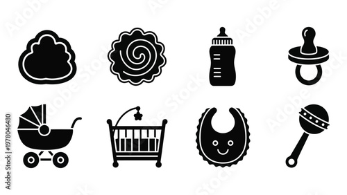A collection of black silhouette icons depicting baby essentials such as bottles rattles and childcare items high quality professional detailed modern