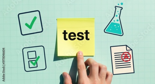 Wallpaper Mural Close up of a hand pointing to a yellow sticky note with the word 'test' written on it, surrounded by educational icons Torontodigital.ca