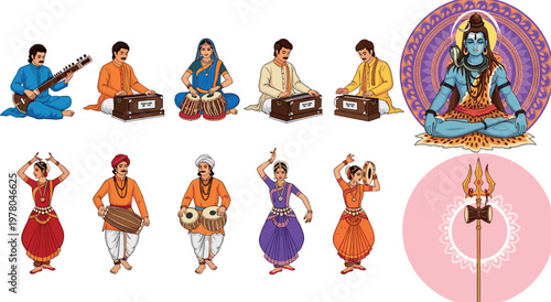 Indian classical music and dance set with musicians instruments dancers and Lord Shiva cultural vector illustration collection