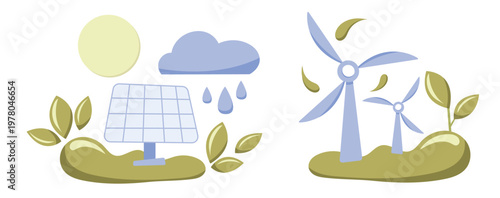 Solar panel, wind turbines, sun, cloud, raindrops and leaf motifs on green ground icon renewable energy, clean power and ecological balance concepts.