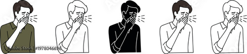 Man sneezing illustration set with different styles outline silhouette and colored sick person vector collection isolated