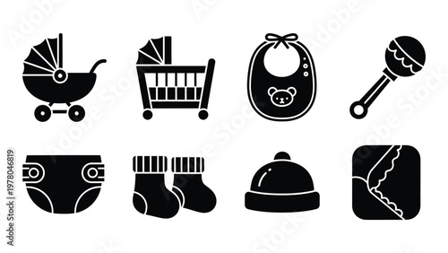 A collection of black silhouette icons depicting baby essentials including a stroller crib bib and various clothing items high quality professional