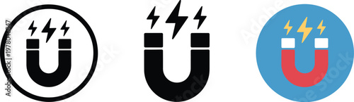 Magnets, illustration set, vector drawings of different types of magnets with electrical symbols representing physics science education and electromagnetic concepts.