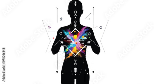 Inner energy exploding with vibrant colors from human silhouette core