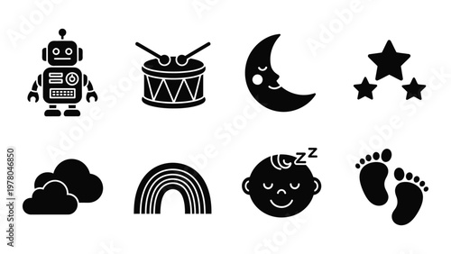 A collection of black silhouette icons depicting a robot drum moon stars rainbow and baby related imagery high quality professional detailed