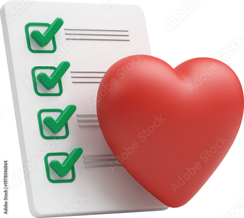Cute 3d cartoon red heart with checklist and green check marks for healthcare or lifestyle goals isolated on transparent background.