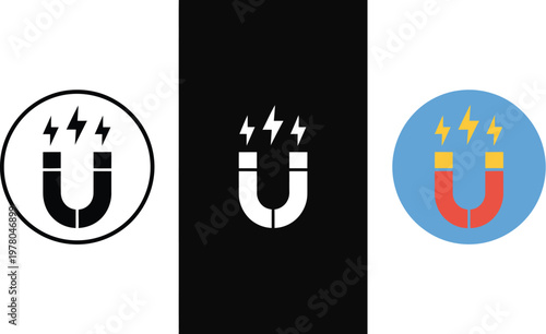 Magnets, illustration set, black and white vector artwork showing various magnet types with electrical and magnetic symbols for STEM learning and scientific design projects.