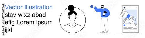 Social media, digital marketing, communication, technology, personal branding, online identity. Person holding a megaphone next to a smartphone screen with an interface. Digital marketing