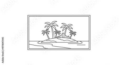 Tropical Island Paradise: Palm Trees, Sandy Beach, Ocean Waves, and Rocky Outcrop - Line Art
