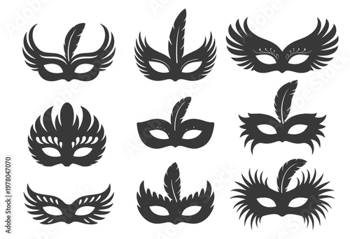 Masquerade mask icons vector collection, stylized silhouette designs featuring ornate carnival masks, party disguise elements, and theatrical celebration motifs, modern flat and line style 
