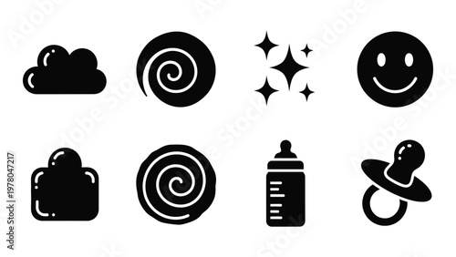 A collection of minimalist black icons depicting weather spirals a smiling face baby items and more high quality professional detailed modern