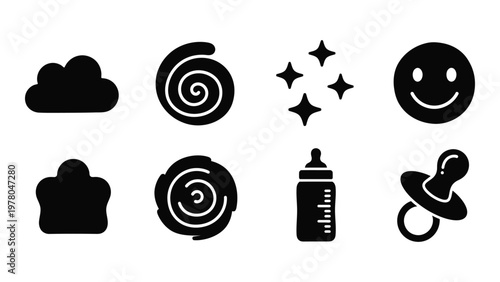 A collection of black silhouette icons depicts weather sweets and baby related items creating a playful visual set high quality professional