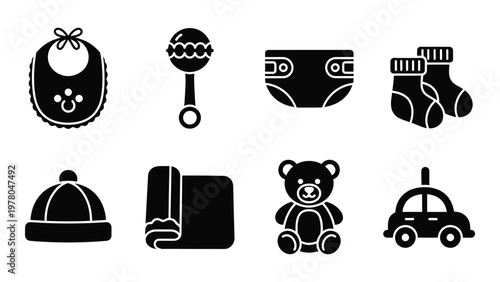 A collection of simple black silhouette icons representing baby essentials like clothing toys and care items high quality professional detailed modern