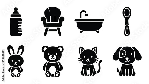 A collection of black silhouette icons depicting baby items furniture bath fixtures toys and common household pets high quality professional detailed