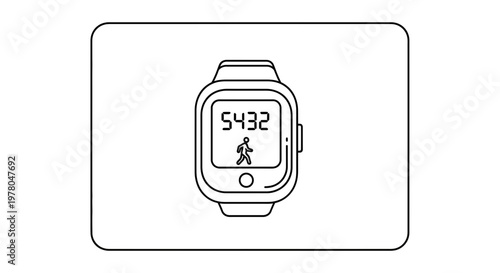 Smartwatch displaying step count and walking icon, digital fitness tracker outline