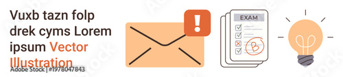 Communication, education, problem-solving, notifications, idea generation, organization. Features an envelope with alert icon, exam checklist and illuminated lightbulb. Communication and education